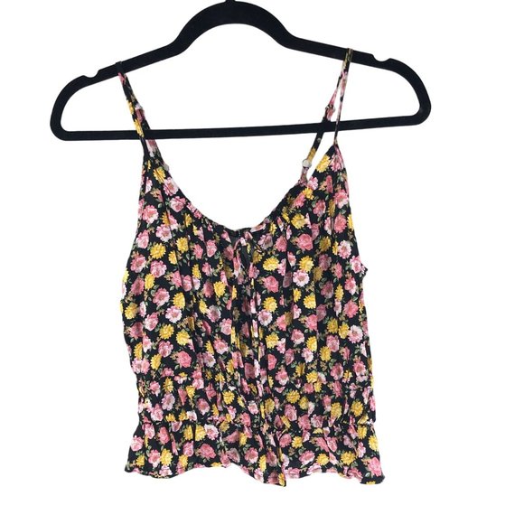 Good Luck Gem Womens Cinch Waist Tie Front Tank Top Black Yellow Pink Floral M - Picture 2 of 4